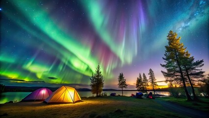 Wall Mural - Beautiful aurora unfolding over a camping site, aurora, camping, tent, nature, outdoors, adventure