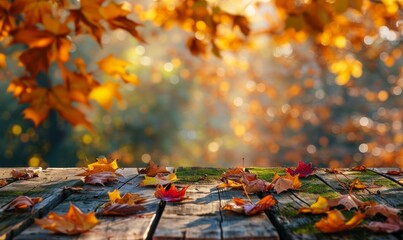 Canvas Print - The background of this image is blurred, with orange leaves on a wooden table