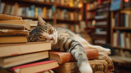 Wall Mural - A cat sleeping on a massive macro perspective of a book stack  AI genrated illustration