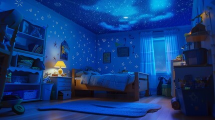 A cinematic depiction of a kids room with a star-strewn ceiling  AI genrated illustration