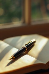 Fototapete - A cinematic isolated image of a pen poised over a blank book  AI genrated illustration