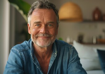 A handsome middle-aged man is standing and smiling with a confident smile showing teeth.