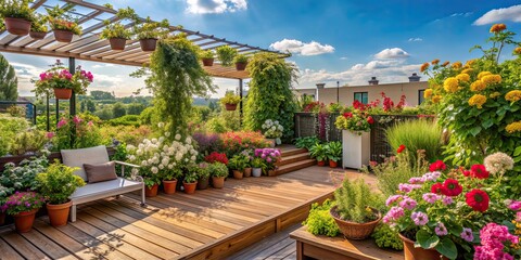 Poster - Hidden rooftop garden oasis with blooming flowers , flowers, rooftop, garden, oasis, hidden, serene, tranquil, peaceful, colorful