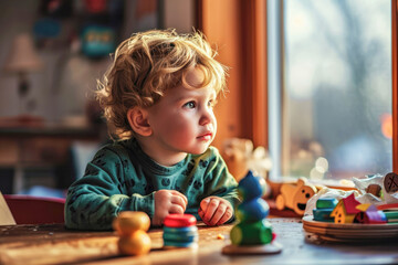 Caucasian child, three-year-old boy in a green sweatshirt plays with colorful wooden toys at a table near the window. Educational toys for preschool and kindergarten children