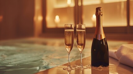 Wall Mural - A cinematic snapshot of a bottle of champagne and two glasses in a luxury spa AI genrated illustration