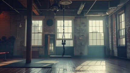 Sticker - A cinematic view of a suspension trainer against a brooklyn loft styled gym  AI genrated illustration