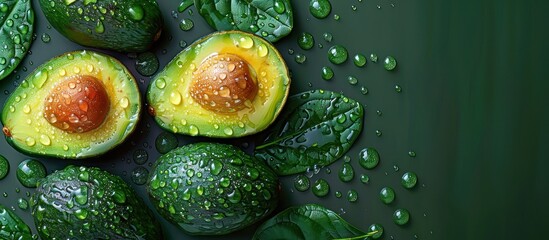 Poster - Fresh Avocados with Water Drops on Green Background