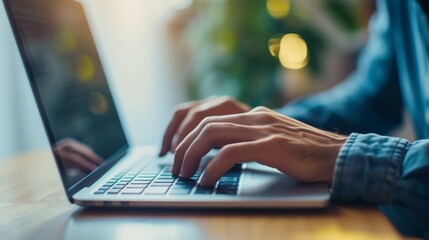 Wall Mural - A close-up of a persons hands typing on a laptop keyboard  AI genrated illustration