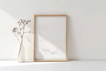 Poster - A simple wooden frame mockup on a white background, an empty blank poster template with a thin light wood border for artwork or picture display presentation design template. A top view.