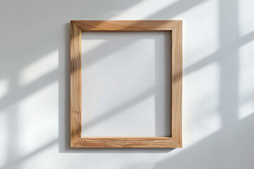 Poster - A simple wooden frame mockup on a white background, an empty blank poster template with a thin light wood border for artwork or picture display presentation design template. A top view.