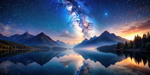 Canvas Print - Serene painting of mountains, lake, and starry sky , mountains, lake, stars, night, nature, landscape, reflections, tranquil