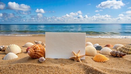 Canvas Print - Blank card placed on sandy beach surrounded by seashells , ocean, vacation, summer, message, communication, relaxation, travel, coast