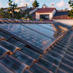 Solar Panels. A close-up of solar panels installed on a roof, with a blurred background of houses and trees.