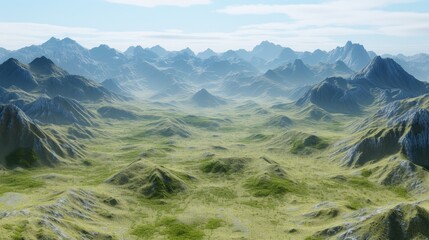 Wall Mural - A computer-generated 3D terrain of mountains and valleys  AI genrated illustration