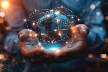 Poster - A businessman's hands cradle a glowing globe representing the world, surrounded by a network of glowing lines. Generative AI