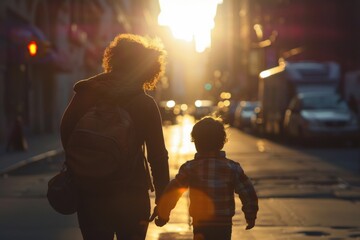 silhouette of mother with son walking down a city street