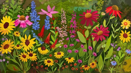 Wall Mural - Vibrant Wildflower Meadow with Diverse Blooms and Lush Greenery