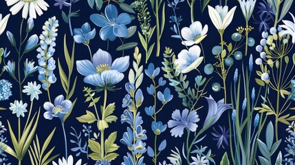 Wall Mural - Enchanting Midnight Floral Pattern with Blue Blossoms