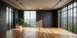 © Man888 - Minimalist interior background featuring a warm wooden floor, soft black wall, and intriguing window glare, perfect for presentations and product showcases.