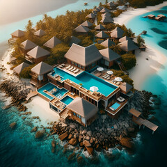 Wall Mural - Drone taken from above showing a luxurious resort hotel villa structure with a swimming pool overlooking the ocean or sea, surrounded by cliffs and rocks. Maldives island home: relish and unwind in he