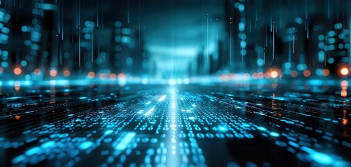 Binary code landscape, futuristic digital world, neon blue ambiance, tech grid
