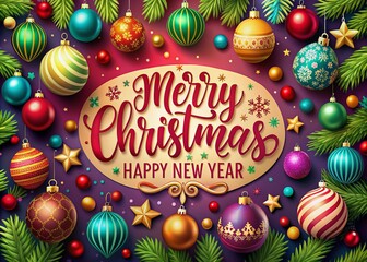 Canvas Print - Vibrant festive holiday poster features merry christmas and happy new year wishes in bold fonts with colorful ornaments and ample copy space for customization.