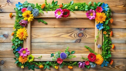 Sticker - Wooden frame adorned with a variety of colorful flowers and leaves, wood, frame, decoration, floral, plants, foliage, natural