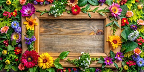 Poster - Wooden frame adorned with colorful flowers and lush green leaves encircling it, wood, frame, flowers, leaves, decoration