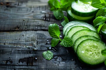 Wall Mural - Freshly Sliced Cucumbers with Mint Leaves on Rustic Wooden Table