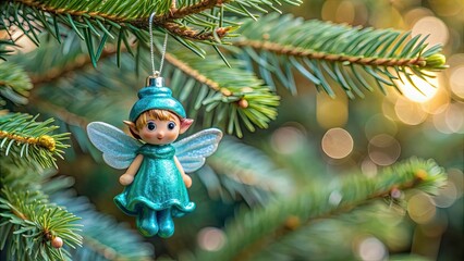 Poster - Turquoise pixie Christmas ornament hanging on a tree branch, ornament, turquoise, pixie, Christmas, decoration, festive, holiday