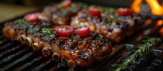 Canvas Print - Grilled Ribs with Rosemary and Tomatoes on the BBQ