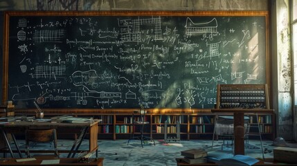 Poster - Abandoned Classroom with Chalkboard and Books.