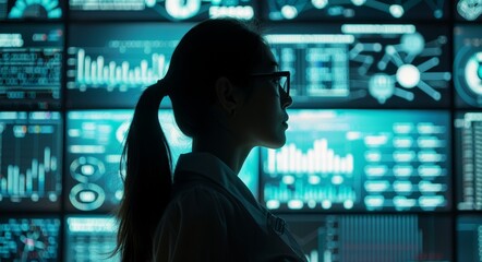 Poster - Stands near the display the businesswoman wearing glasses