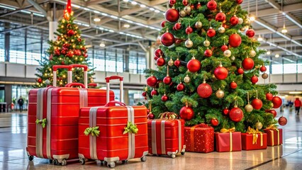 Canvas Print - Vibrant red suitcases adorned with festive ribbons and winter stickers surround a beautifully decorated Christmas tree at a bustling airport terminal.