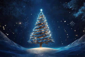 christmas tree blue background with snowflakes