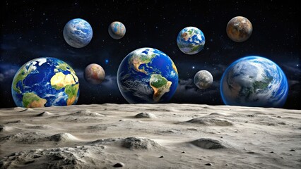 Wall Mural - panoramic view of earth globes as seen from the moon's surface, earth, globes, moon, surface, panora