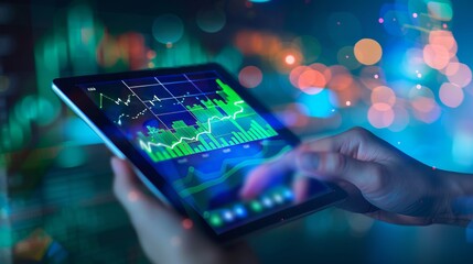 Poster - Graphs on a tablet showing holographic graphs of stock market statistics and growth planning. Display of good economy on a digital screen. A businessman shows holographic graphs to demonstrate
