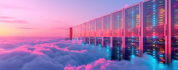 illustration of a data server room above a sea of ​​clouds with an evening sky in the background