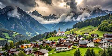 Wall Mural - Mountaineering village in Tyrol against rainy sky backdrop in Austrian Alps, Trins, Gschnitztal valley, summer