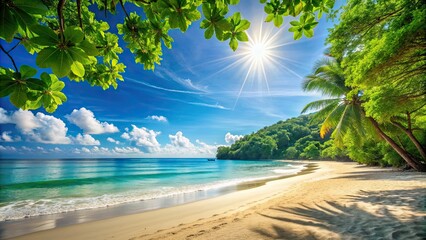 Canvas Print - Sunny beach scene with lush trees and calm sea , summer, beach, trees, sea, relaxation, vacation, tropical