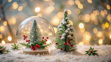 Poster - Snowflakes swirl around miniature snow-covered pine trees and festive holly inside a transparent glass sphere, with a soft focus and blurred lights, on a white background.