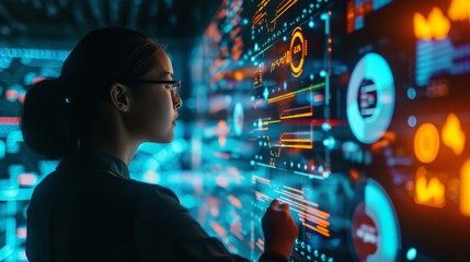 Poster - A data scientist at work amidst glowings screens and cascading data streams symbolizing the complex nature of data analysis AI generated illustration
