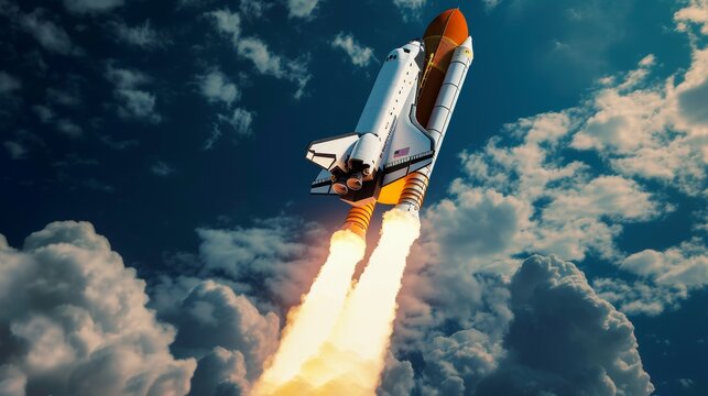 A detailed 3D  rendering of a space shuttle launch  AI generated illustration
