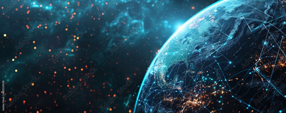 Future-oriented user interface featuring a 3D world map, business data ...