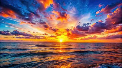 Canvas Print - Vibrant of a sunset over the ocean, sunset, dusk, horizon, tranquil, colorful, orange, reflection, clouds, sky, evening