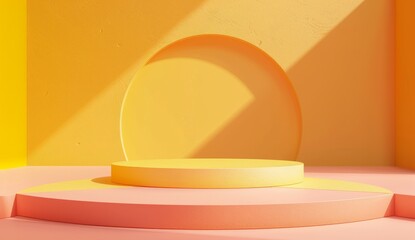 Poster - on a minimalist background with a yellow podium, a 3d cube stand abstract stage platform or product 