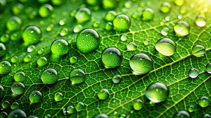 Canvas Print - Close-up image of a lush green leaf covered in sparkling dew drops, verdant, leaf, pristine, dew drops, close-up, macro