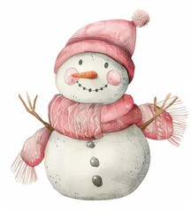 Sticker - Watercolor illustration of a cute snowman in a pink hat and scarf. A winter clipart illustration for postcards, scrapbooking, and holiday design.