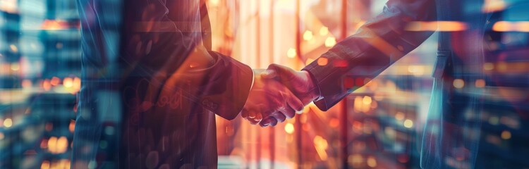 Poster - A handshake with a partner, greeting, a deal, a merger, a business cooperation concept, a panoramic banner, and a copy space for business, finance, and investment backgrounds.