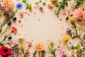 Poster - Flowers composition. Frame made of colorful flowers on beige background. Spring, summer concept. Flat lay, top view, copy space